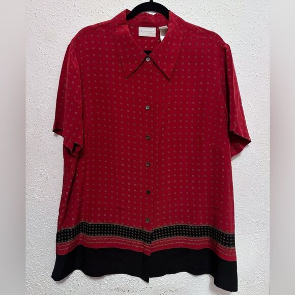 Liz Claiborne 100% Silk Red Button-Up Shirt with Black Accents size 18 - Picture 1 of 5
